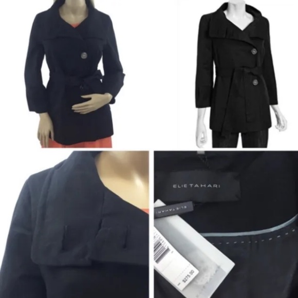 NWT Elie Tahari Designer Black 3/4 Sleeve Button Up Tie Waist Jacket Coat - Picture 4 of 4